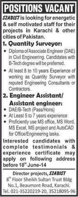 Quantity Surveyor & Civil Engineering Jobs in Karachi Pakistan 2014 June at SZABIST