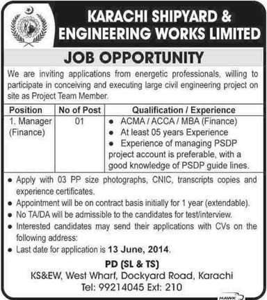 Finance Manager  Jobs in Karachi 2014 June at Karachi Shipyard & Engineering Works Limited