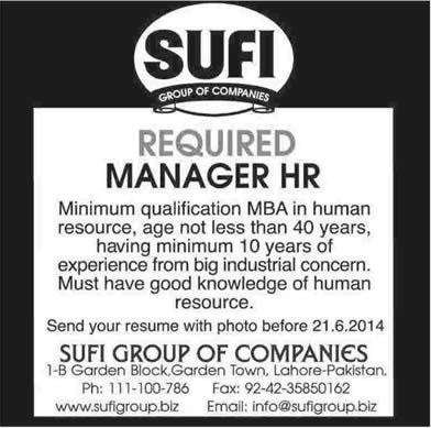 Manager HR Jobs in Sufi Group of Companies Lahore 2014 June