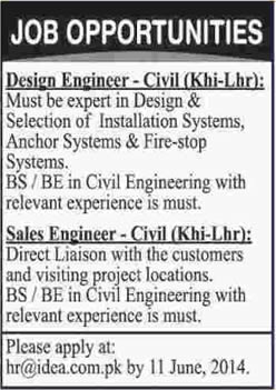 Civil Engineering Jobs in Karachi / Lahore 2014 June at IDEA as Design Engineer & Sales