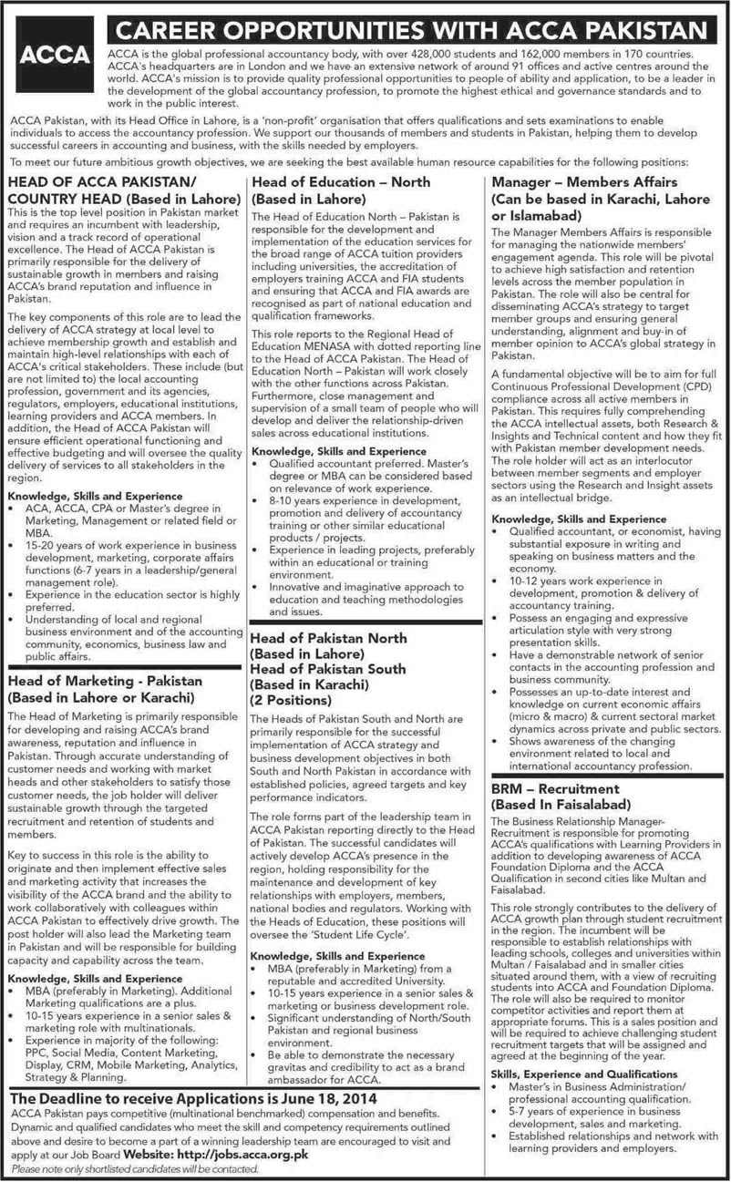 ACCA Pakistan Jobs 2014 June Latest Advertisement