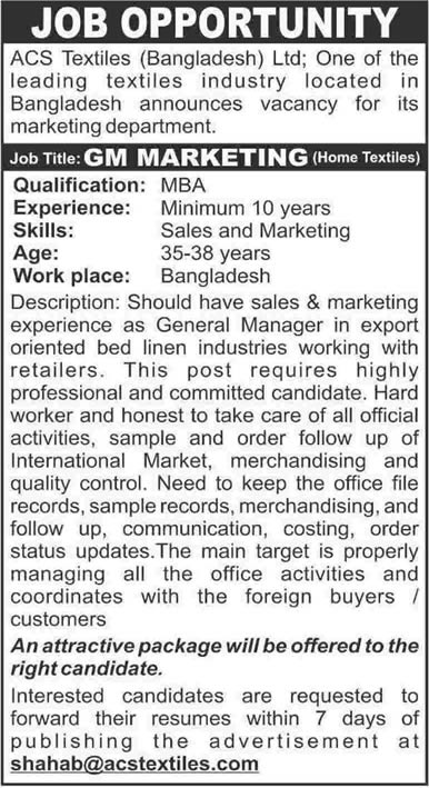 ACS Textiles Jobs 2014 June for General Manager Marketing