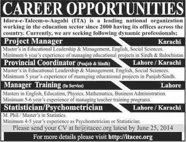 Idara-e-Taleem-o-Aagahi Jobs 2014 June ITA Karachi / Lahore