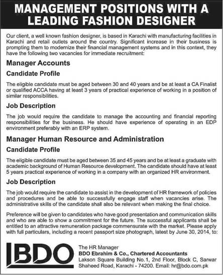 Accounts, HR & Admin Manager Jobs in Karachi 2014 June through BDO Ebrahim & Co