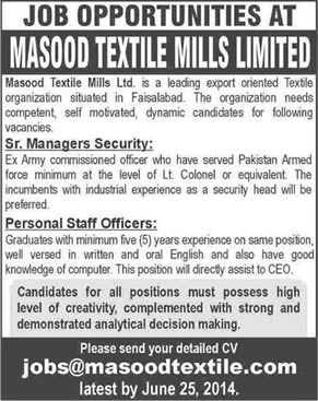 Masood Textile Mills Faisalabad Jobs 2014 June for Manager Security & Personal Staff Officer
