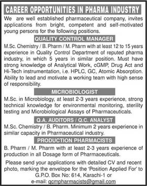 Chemist, Microbiologist & Pharmacists Jobs in Karachi 2014 June in Pharmaceutical Company