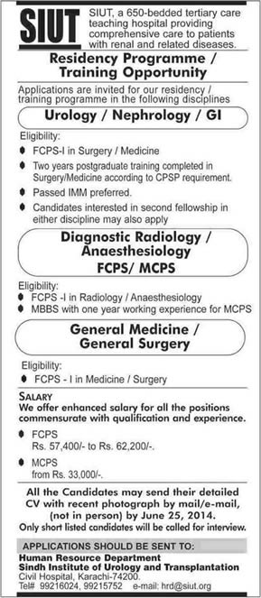 Sindh Institute of Urology and Transplantation SIUT Jobs 2014 June Residency & Training Programs
