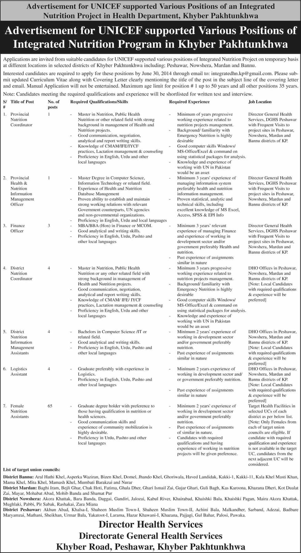 UNICEF Integrated Nutrition Program KPK Jobs 2014 June Latest Advertisement