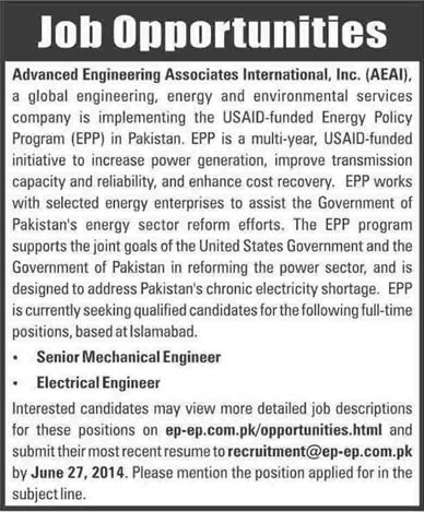 Mechanical & Electrical Engineer Jobs in Islamabad 2014 June in AEAI