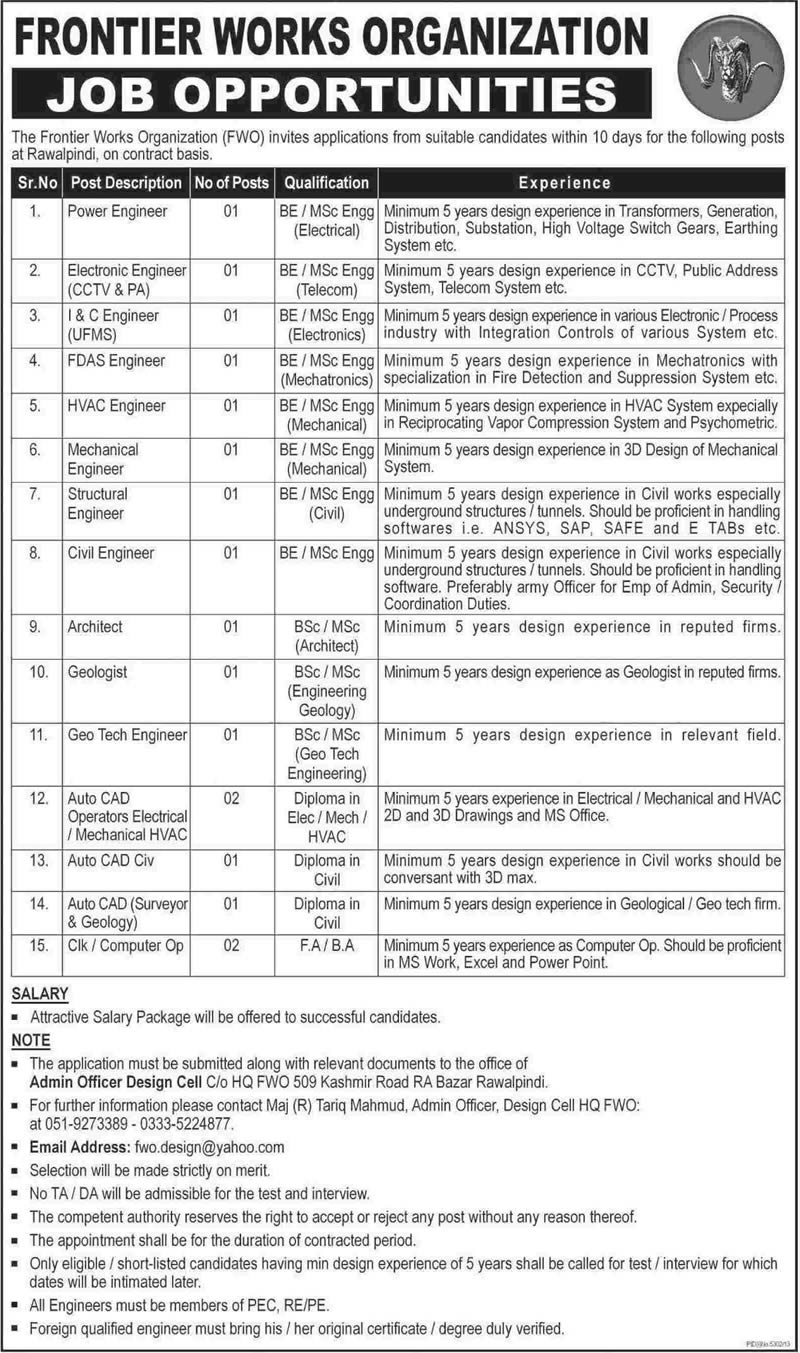 Frontier Works Organization (FWO) Jobs 2014 June Latest Advertisement