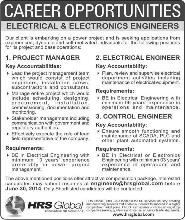 Electrical & Electronics Engineering Jobs in Pakistan 2014 June Through HRS Global