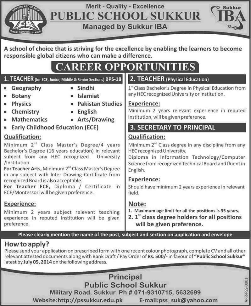 Secretary & Teaching Jobs in Public School Sukkur 2014 June