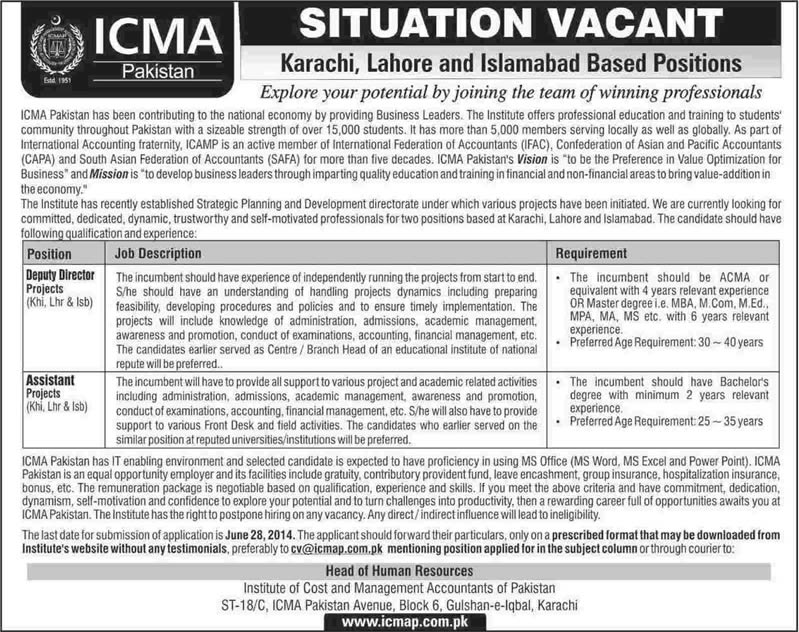 ICMAP Jobs 2014 June for Deputy Director Projects & Assistant Projects