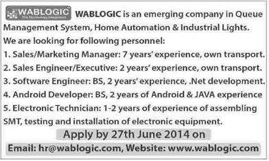 Sales & Marketing, Software Engineer, Android Developer & Electronic Technician Jobs in Karachi 2014 June WABLOGIC