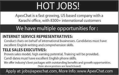 Internet Service Representation & Tele Sales Executive Jobs in Karachi 2014 June at ApexChat