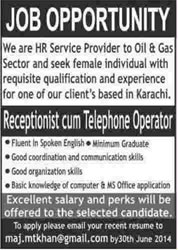 Receptionist / Telephone Operator Jobs in Karachi 2014 June in Oil and Gas Sector