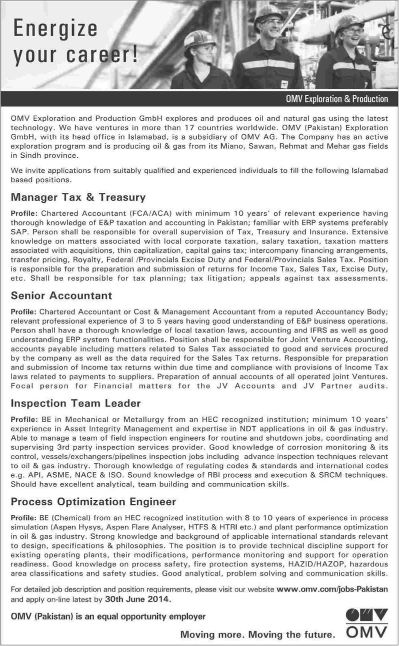 OMV Pakistan Jobs 2014 June for Manager Treasury, Accountant & Mechanical / Chemical Engineers