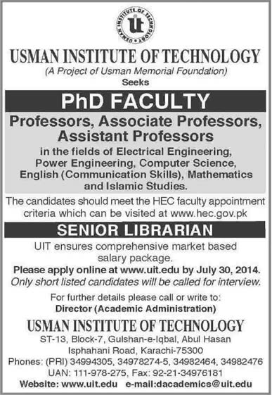 Usman Institute of Technology Karachi Jobs 2014 June for Teaching Faculty & Senior Librarian