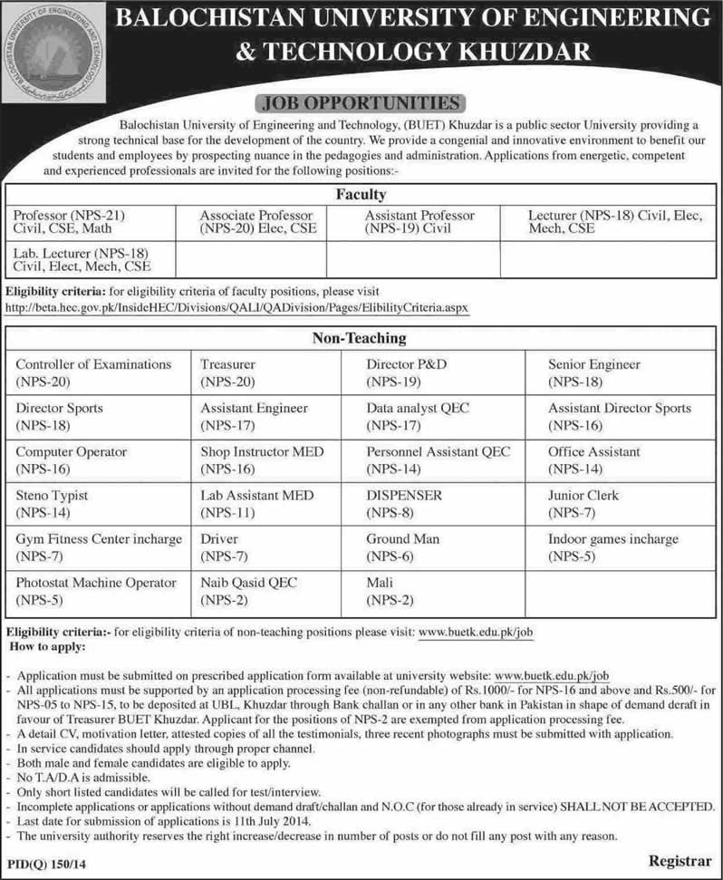 BUET Khuzdar Jobs 2014 June Balochistan University of Engineering & Technology