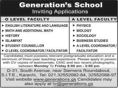 Generation School Karachi Jobs 2014 June / July for O / A Level Teaching Faculty & Admin Staff
