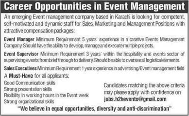 Event Management Jobs in Karachi 2014 June / July for Event Manager / Supervisor & Sales Executives