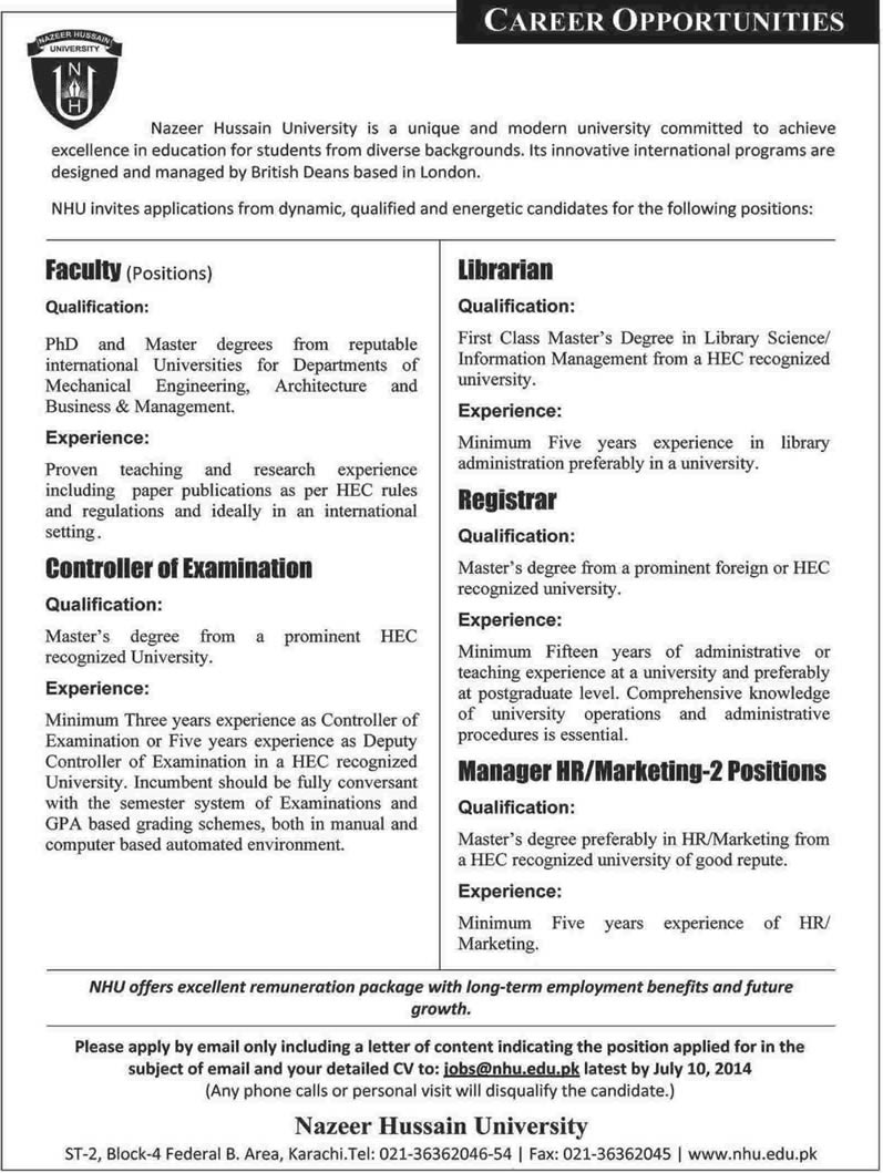 Nazeer Hussain University Karachi Jobs 2014 June / July Teaching Faculty & Admin Staff