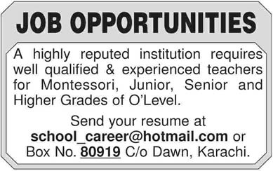 Teaching Jobs in Karachi 2014 June / July for Educational Institute