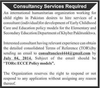INGO Jobs in Pakistan 2014 June / July for Consultant
