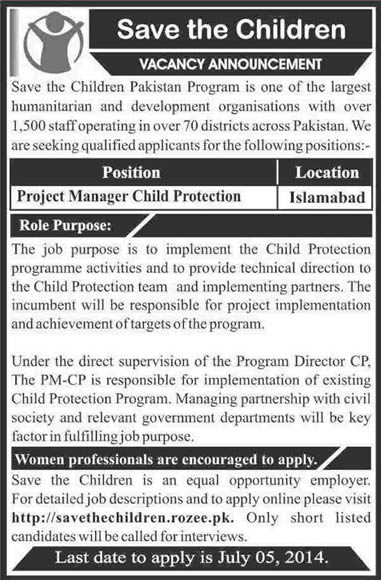 Save The Children Jobs 2014 June / July for Project Manager Child Protection