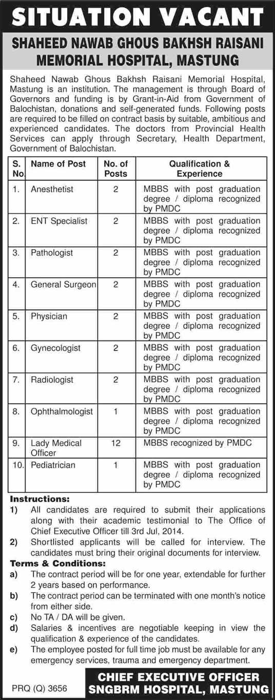 Shaheed Nawab Ghous Bakhsh Raisani Memorial Hospital Mastung Jobs 2014 July for Medical Officer / Specialists