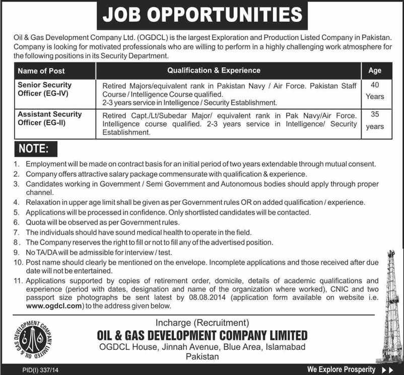 OGDCL Jobs 2014 July Latest for Senior / Assistant Security Officer