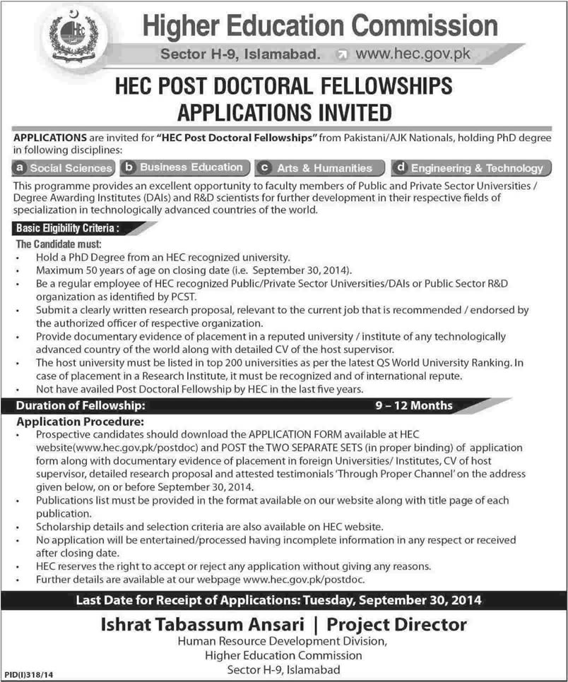 HEC Postdoctoral Fellowships 2014 Latest Advertisement