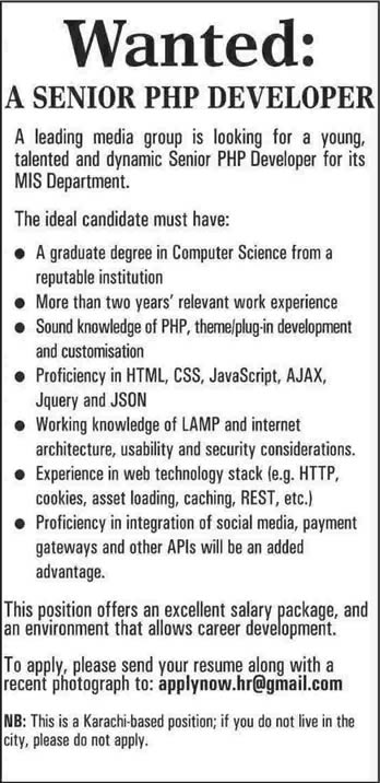 PHP Developer Jobs in Karachi 2014 July in MIS Department