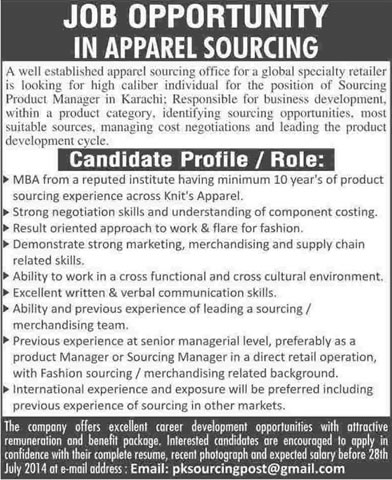 Sourcing Product Manager Jobs in Karachi 2014 July Apparel Sourcing