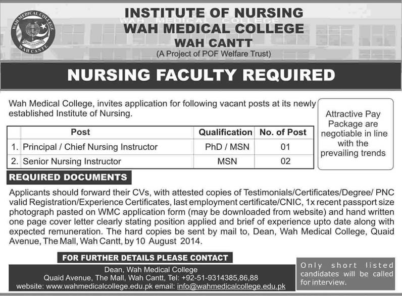 Wah Medical College Jobs 2014 July for Principal & Senior Nursing Instructor