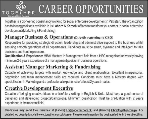 Together Pakistan Jobs 2014 July for Markeing / Operations Managers & Creative Development Executive