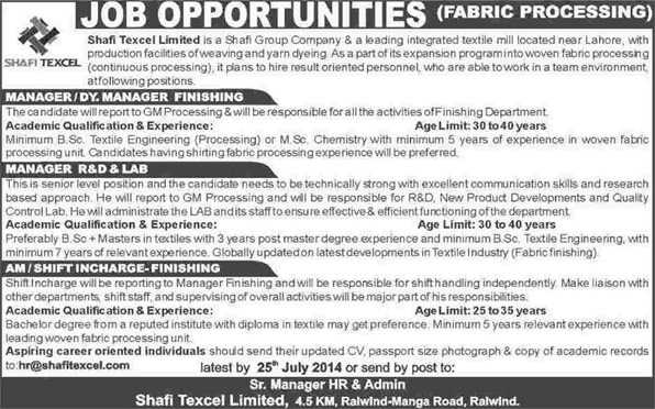 Shafi Texcel Jobs 2014 July for Textile Engineers & Chemist