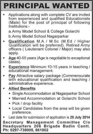 Principal Jobs in Army Model School and College 2014 July Latest