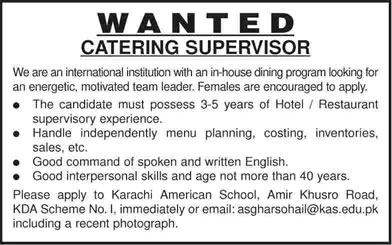 Karachi American School Jobs 2014 July for Catering Supervisor