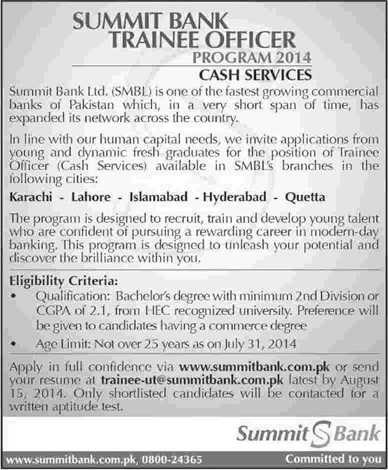 Summit Bank Jobs 2014 August Trainee Officer Program in Cash Services