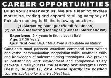 Sales / Marketing Manager Jobs in Karachi 2014 August