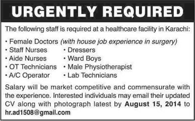 Doctors, Nurses & Paramedical Jobs in Karachi 2014 August