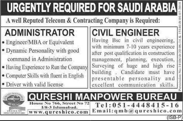 Administrator & Civil Engineering Jobs in Saudi Arabia 2014 August for Pakistanis through Qureshi Manpower Bureau