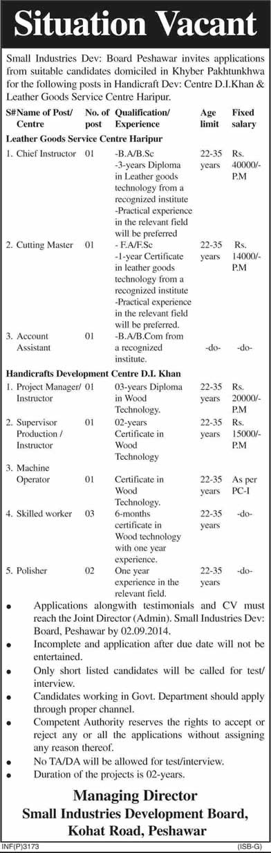 Small Industries Development Board KPK Jobs 2014 August Latest SIDB