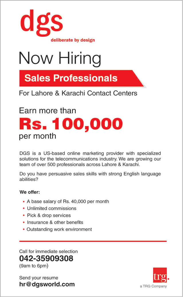 DGS Lahore / Karachi Jobs 2014 August for Sales Professionals