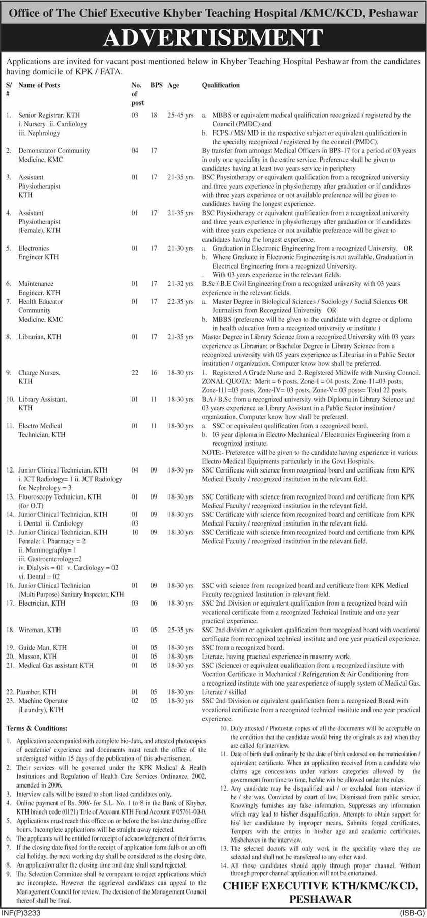 Khyber Teaching Hospital Peshawar Jobs 2014 August Latest Advertisement