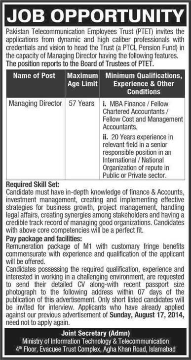Pakistan Telecommunication Employees Trust Jobs 2014 August for Managing Director (PTET)