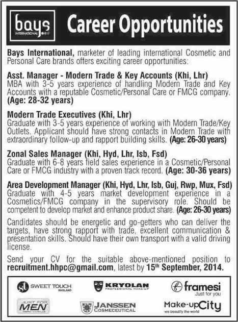 Bays International Pakistan Jobs 2014 September for Modern Trade, Sales and Marketing Staff
