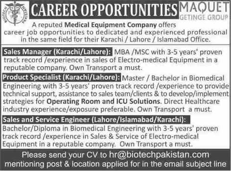 Biotech Pakistan Jobs 2014 September for Sales Manager, Product Specialist and Sales & Service Engineers