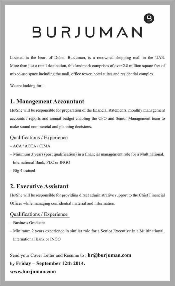 Burjuman Mall Dubai Jobs 2014 September for Management Accountant & Executive Assistant